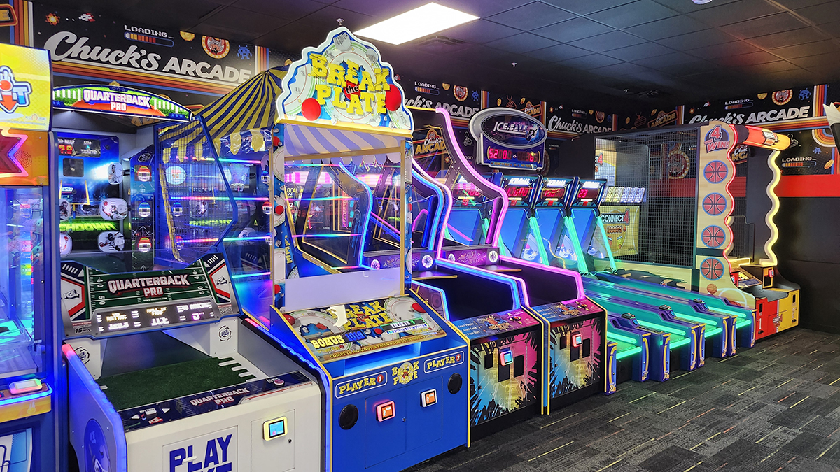 Row of games at Chuck's Arcade in Buford, GA